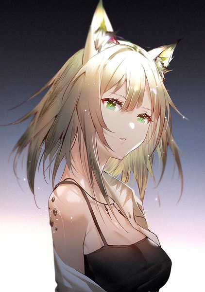 Anime picture 720x1023 with arknights kal'tsit (arknights) xion32 single tall image looking at viewer fringe short hair simple background hair between eyes green eyes animal ears upper body parted lips green hair cat ears off shoulder cat girl gradient background oripathy lesion (arknights)