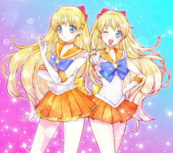 Anime picture 1000x890 with bishoujo senshi sailor moon toei animation aino minako sailor venus sami (3a3i3a3i) long hair open mouth blue eyes blonde hair smile multiple girls very long hair pleated skirt one eye closed light smile wink hand on hip half updo pointing girl