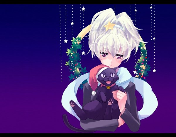Anime picture 1000x782 with darker than black studio bones yin (darker than black) mao (darker than black) yuzuki kisa single long hair looking at viewer blush fringe hair between eyes purple eyes holding silver hair white hair ponytail christmas letterboxed third-party edit new year