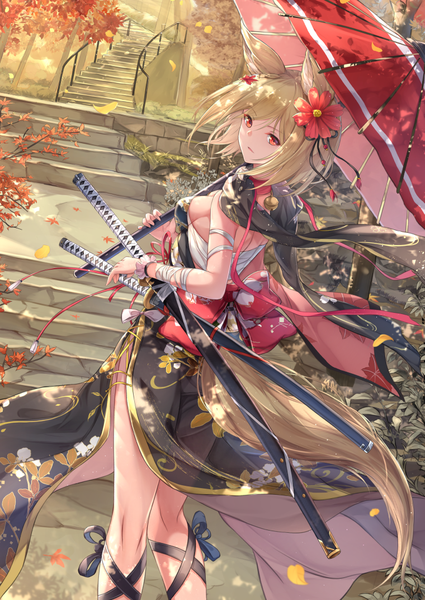 Anime picture 760x1072 with original fuuro (johnsonwade) single tall image looking at viewer fringe short hair breasts light erotic blonde hair hair between eyes red eyes standing holding animal ears outdoors looking back hair flower wind sideboob