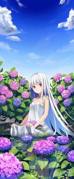 Anime picture 956x2288 with original makadamia single long hair tall image looking at viewer fringe breasts hair between eyes red eyes sky cleavage cloud (clouds) outdoors white hair multicolored hair sleeveless partially submerged reflection wet clothes