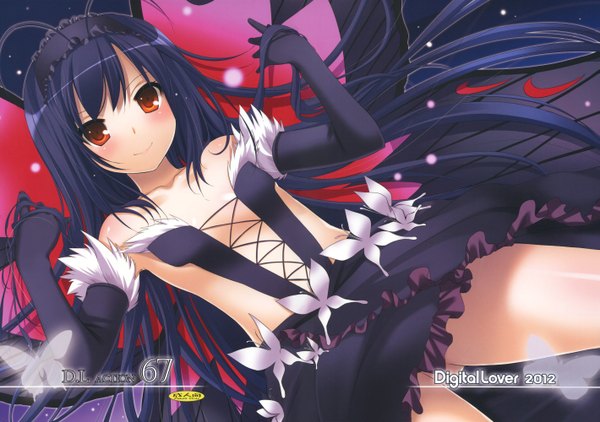 Anime picture 2838x2000 with accel world sunrise (studio) kuroyukihime nakajima yuka single long hair looking at viewer blush highres black hair smile red eyes insect wings butterfly wings girl dress gloves elbow gloves hairband