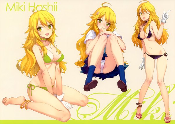 Anime picture 2820x2000 with idolmaster hoshii miki oyari ashito long hair blush highres open mouth light erotic blonde hair sitting green eyes ahoge barefoot pantyshot pantyshot sitting multiple persona girl skirt gloves navel