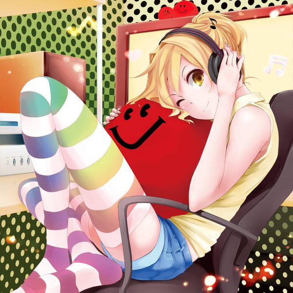 Anime picture 2000x2000 with original tagme (artist) single looking at viewer fringe highres short hair blonde hair smile sitting holding indoors one eye closed fingernails wink glow girl thighhighs shorts headphones