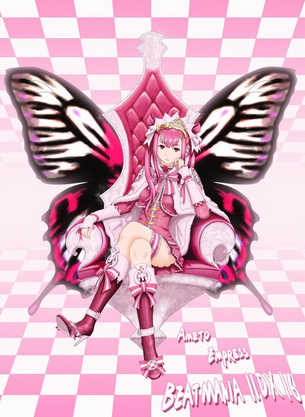 Anime picture 1642x2244 with tall image pink hair pink eyes checkered floor insect wings butterfly wings girl wings boots crown