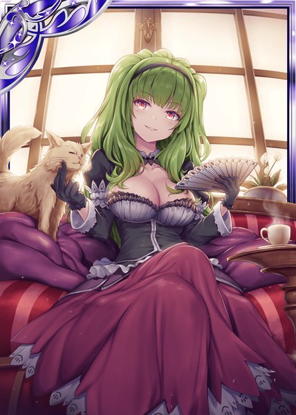 Anime picture 640x896 with shinkai no valkyrie akkijin single long hair tall image looking at viewer blush fringe breasts light erotic smile red eyes large breasts sitting cleavage indoors blunt bangs parted lips green hair official art