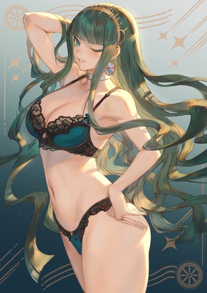 Anime picture 1447x2047 with fate (series) fate/grand order cleopatra (fate/grand order) mashuu (neko no oyashiro) single long hair tall image looking at viewer fringe breasts light erotic simple background large breasts standing green eyes cleavage blunt bangs parted lips one eye closed arm up