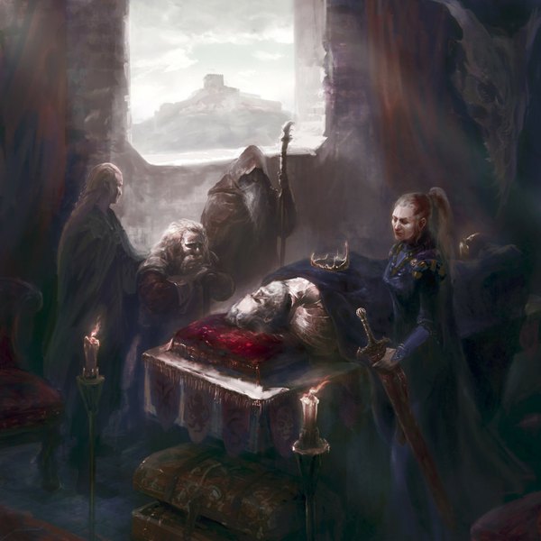 Anime picture 1600x1600 with original manzanedo long hair blonde hair white hair ponytail lying elf death old man dwarf girl boy weapon sword staff crown candle (candles) beard corpse