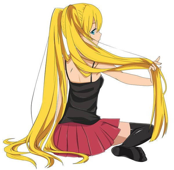 Anime picture 1045x1024 with naruto studio pierrot naruto (series) uzumaki naruto naruko tagme (artist) single looking at viewer simple background blonde hair white background sitting twintails very long hair looking back jinchuriki girl thighhighs black thighhighs miniskirt
