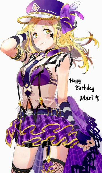 Anime picture 2200x3700 with love live! sunshine!! sunrise (studio) love live! ohara mari myon rio single long hair tall image looking at viewer blush highres breasts light erotic simple background blonde hair smile standing white background yellow eyes nail polish