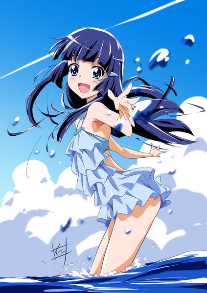 Anime picture 1165x1654 with precure smile precure! toei animation aoki reika nii manabu single long hair tall image looking at viewer blush open mouth blue eyes light erotic signed blue hair :d partially submerged spread arms girl swimsuit