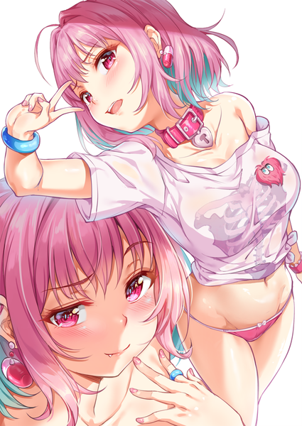 Anime picture 1000x1413 with idolmaster idolmaster cinderella girls yumemi riamu miazi tall image looking at viewer blush fringe short hair breasts open mouth light erotic simple background hair between eyes large breasts standing white background payot pink hair ahoge