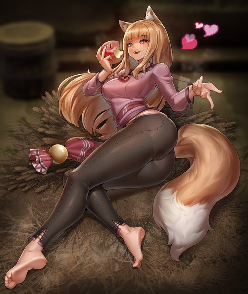 Anime-Bild 2123x2520 mit spice and wolf horo niur single long hair tall image looking at viewer blush fringe highres open mouth light erotic blonde hair red eyes holding animal ears full body ass indoors tail
