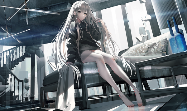 Anime picture 1703x1020 with original swav single long hair looking at viewer fringe highres hair between eyes wide image sitting yellow eyes full body indoors long sleeves barefoot grey hair sunlight arm support bare legs sleeves past wrists