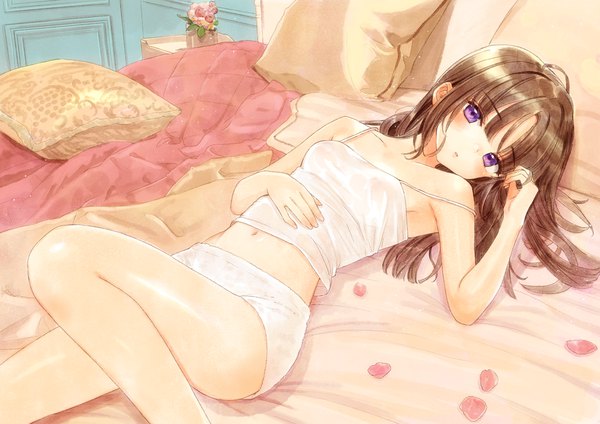 Anime picture 1132x800 with original tsukigami luna single long hair looking at viewer blush fringe breasts open mouth light erotic brown hair purple eyes bare shoulders payot indoors lying blunt bangs on back covered nipples strap slip