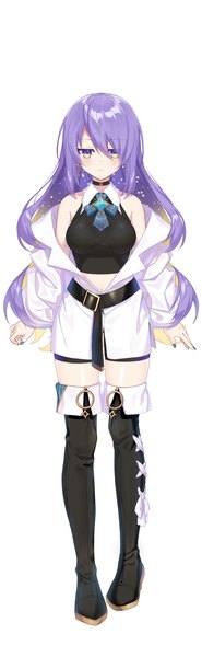 Anime picture 1261x4096 with virtual youtuber hololive hololive indonesia moona hoshinova nyori single long hair tall image looking at viewer fringe simple background hair between eyes white background purple eyes purple hair full body nail polish off shoulder official art zettai ryouiki