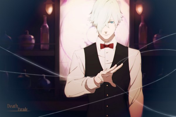 Anime picture 1000x664 with death parade madhouse decim (death parade) tab looking at viewer short hair blue eyes white hair dark background boy shirt white shirt bowtie vest bottle thread bar