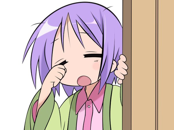 Anime picture 1268x951 with lucky star kyoto animation hiiragi tsukasa single fringe short hair open mouth standing white background payot purple hair upper body eyes closed arm up wide sleeves sleepy girl pajamas door