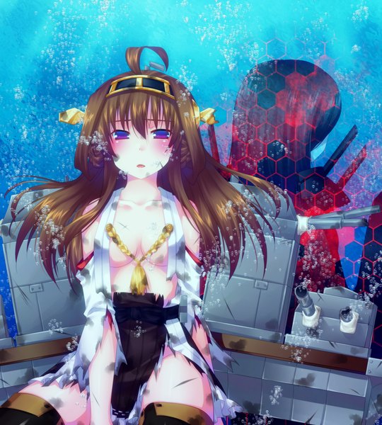 Anime picture 900x1000 with kantai collection kongou battleship door to heaven long hair tall image looking at viewer blush breasts open mouth light erotic black hair brown hair purple eyes bare shoulders multiple girls ahoge traditional clothes underwater nontraditional miko girl