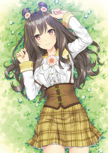 Anime picture 1000x1414 with original daidai jamu single long hair tall image fringe brown hair brown eyes lying hair flower light smile arms up hair bun (hair buns) plaid skirt frilly skirt girl skirt flower (flowers) ribbon (ribbons) plant (plants)