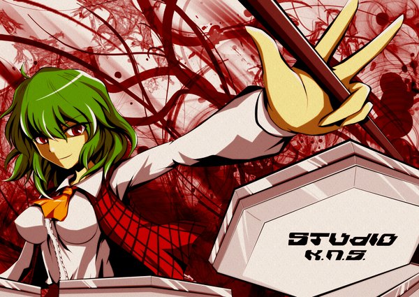 Anime picture 1770x1254 with touhou kazami yuuka kisaragi zwei (artist) single highres short hair red eyes green hair inscription victory girl