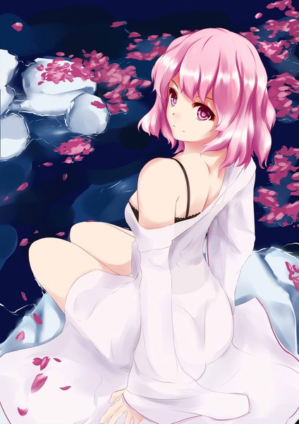 Anime picture 1500x2121 with touhou saigyouji yuyuko wuzhuang caikuangche single tall image looking at viewer short hair light erotic smile sitting pink hair pink eyes looking back off shoulder wide sleeves arm support partially submerged girl petals water