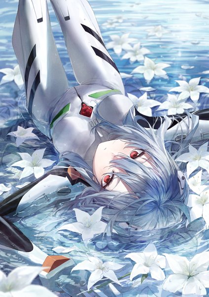 Anime picture 3541x5016 with neon genesis evangelion rebuild of evangelion evangelion: 3.0+1.0 thrice upon a time gainax ayanami rei fudepenbrushpen single long hair tall image looking at viewer fringe highres hair between eyes red eyes blue hair absurdres lying on back partially submerged upside down
