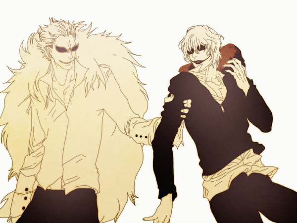 Anime picture 1000x750 with one piece toei animation donquixote doflamingo donquixote rocinante xianrou men short hair simple background smile white background looking away multiple boys lipstick monochrome siblings partially open clothes brothers boy shirt 2 boys sunglasses