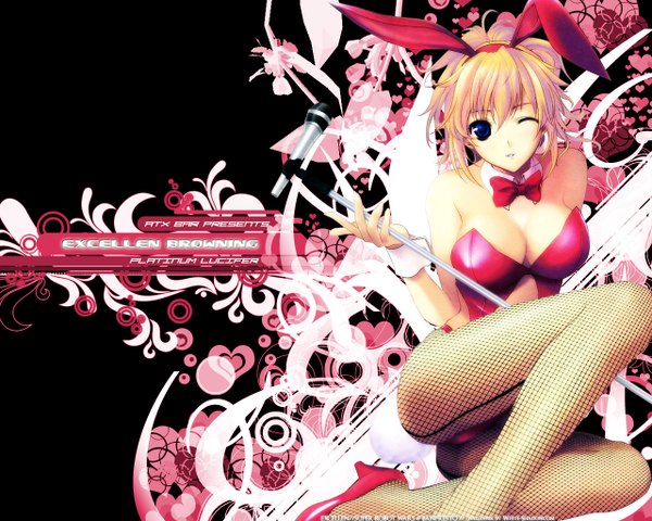 Anime picture 1280x1024 with super robot wars excellen browning short hair blue eyes light erotic blonde hair one eye closed wink bunny girl fishnet girl bunnysuit