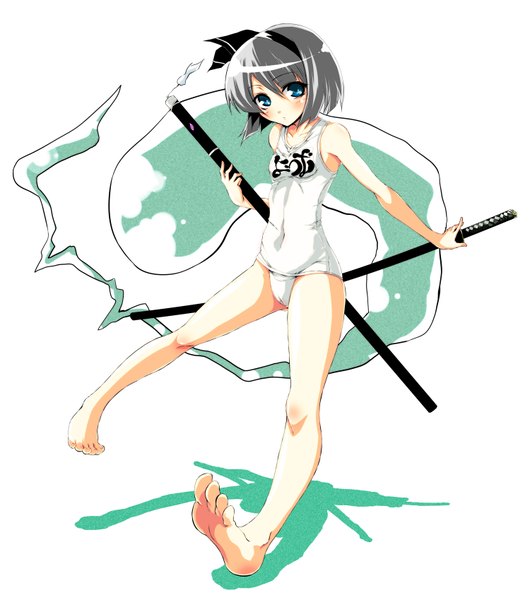 Anime picture 1500x1698 with touhou konpaku youmu myon pizaya single tall image looking at viewer blush short hair blue eyes light erotic simple background white background bare shoulders barefoot grey hair shadow soles ghost girl