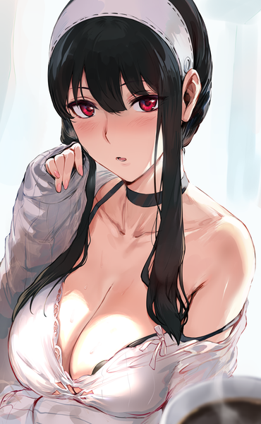 Anime picture 4410x7155 with spy x family yor briar hews single long hair tall image looking at viewer blush fringe highres breasts open mouth light erotic black hair hair between eyes red eyes large breasts absurdres cleavage upper body