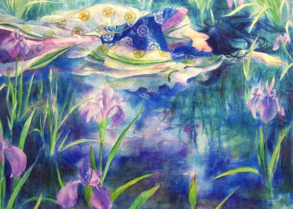 Anime picture 1497x1069 with original oyabin single long hair black hair eyes closed japanese clothes reflection traditional media watercolor (medium) lake girl flower (flowers) plant (plants) iris (flower)