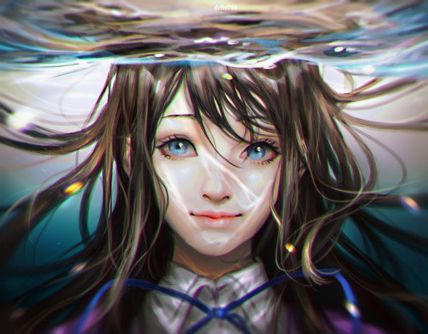 Anime picture 3028x2365 with amanchu! ooki futaba delia740 single long hair looking at viewer fringe highres blue eyes black hair hair between eyes signed absurdres light smile lips blurry realistic face underwater girl