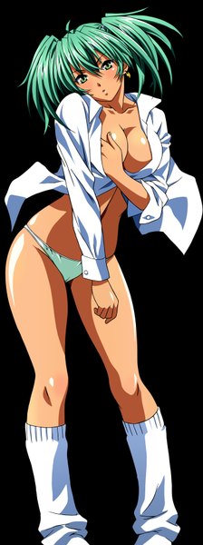 Anime picture 2616x7000 with ikkitousen ryofu housen tall image looking at viewer blush highres short hair breasts light erotic large breasts twintails green eyes green hair open clothes open shirt black background short twintails girl underwear panties