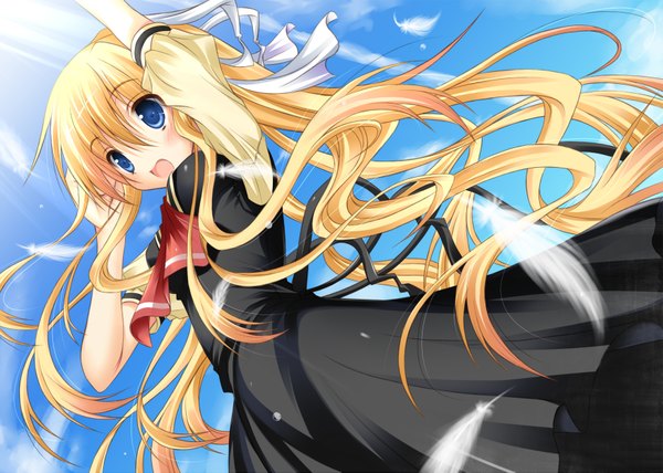 Anime picture 3500x2501 with air key (studio) kamio misuzu nozomi tsubame single long hair blush highres open mouth blue eyes blonde hair absurdres girl ribbon (ribbons) feather (feathers)