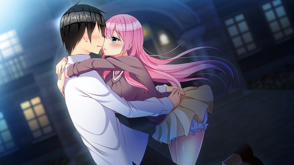 Anime picture 1600x900 with goshujin-sama, maid fuku o nugasanaide. naruse koko long hair blush short hair black hair wide image green eyes pink hair game cg couple hug almost kiss girl boy skirt miniskirt