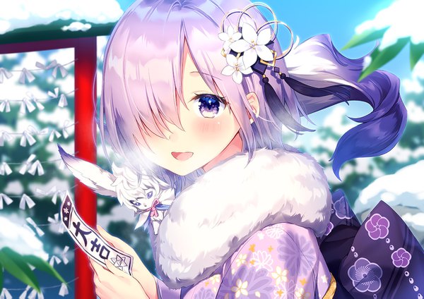 Anime picture 1284x909 with fate (series) fate/grand order mash kyrielight fou (fate) masuishi kinoto single looking at viewer blush fringe short hair open mouth smile purple eyes holding sky purple hair upper body outdoors traditional clothes :d