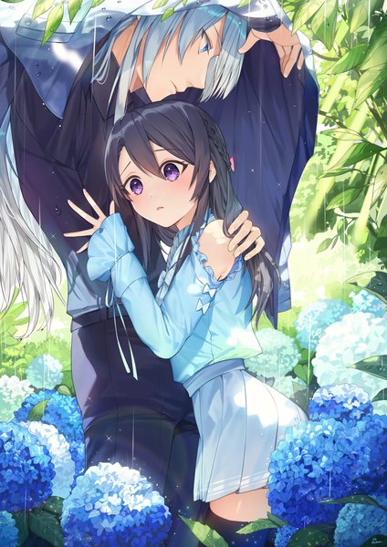 Anime picture 900x1273 with original fuu kotora long hair tall image blush fringe open mouth blue eyes black hair hair between eyes standing purple eyes payot looking away silver hair outdoors long sleeves profile pleated skirt arm up