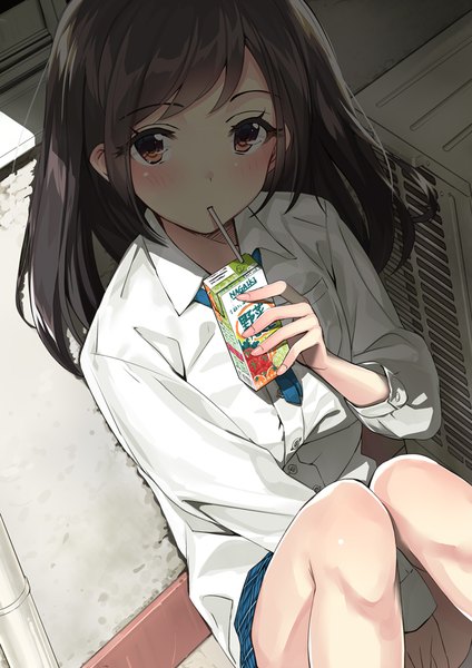 Anime picture 707x1000 with original kinugasa yuuichi single long hair tall image looking at viewer blush black hair brown eyes girl skirt shirt drink