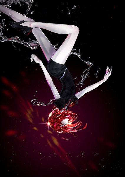 Anime picture 707x1000 with houseki no kuni cinnabar (houseki no kuni) bloodcat (babacatcat) single tall image short hair red eyes signed full body bent knee (knees) red hair profile sparkle puffy sleeves character names black background pale skin arched back upside down androgynous