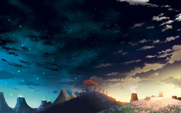 Anime picture 1920x1200 with tengen toppa gurren lagann gainax highres wide image sky cloud (clouds) night sky evening sunset mountain landscape volcano sword star (stars) cloak cross