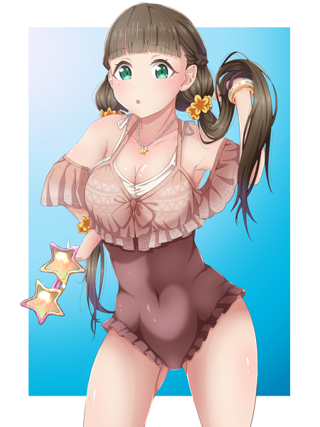 Anime picture 3000x4000 with hello!!! love live! sunrise (studio) love live! sakurakouji kinako 42shirane single long hair tall image looking at viewer blush fringe highres breasts light erotic brown hair large breasts standing twintails green eyes blunt bangs