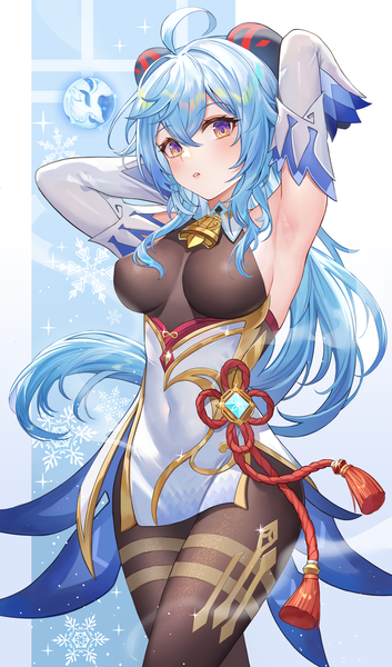 Anime picture 1472x2500 with genshin impact ganyu (genshin impact) iino (isnyong) single long hair tall image looking at viewer blush fringe breasts light erotic hair between eyes large breasts purple eyes blue hair ahoge traditional clothes parted lips horn (horns) arms up