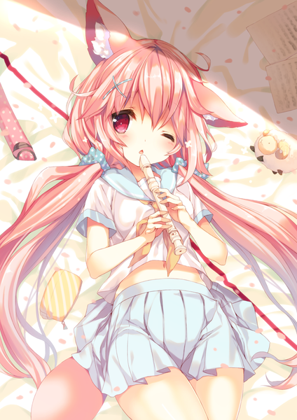 Anime picture 800x1132 with virtual youtuber mofumofu channel amamiya aki p19 single long hair tall image looking at viewer blush fringe open mouth hair between eyes red eyes twintails holding animal ears pink hair ahoge tail lying