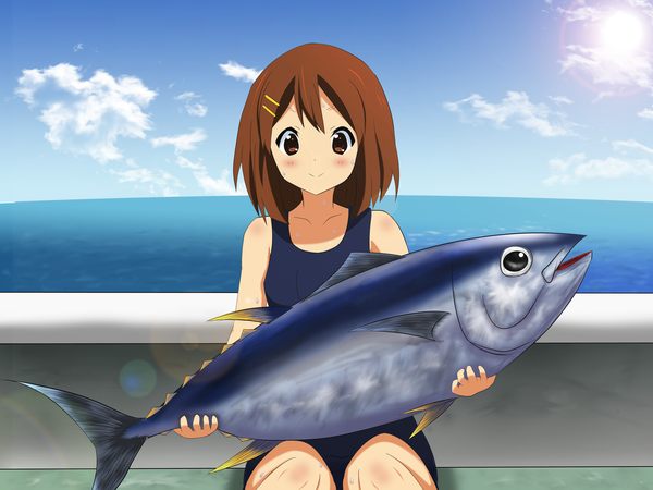 Anime picture 1200x900 with k-on! kyoto animation hirasawa yui tagme (artist) brown hair brown eyes girl hair ornament swimsuit water bobby pin one-piece swimsuit fish (fishes) school swimsuit