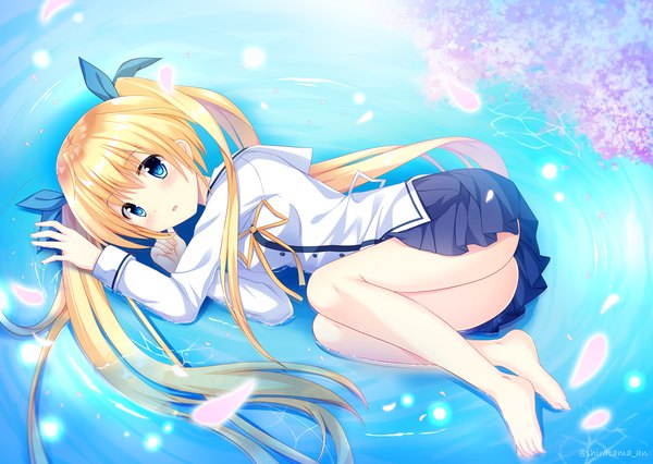 Anime picture 1799x1278 with da capo yoshino sakura suzuki anri single long hair looking at viewer blush fringe highres open mouth blue eyes light erotic blonde hair hair between eyes twintails signed payot full body ahoge bent knee (knees)