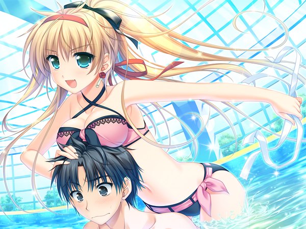 Anime picture 1024x768 with w. l. o. sekai ren'ai kikou arisa crain femiluna asami asami alpha (yukai na nakamatachi) long hair short hair open mouth blue eyes light erotic black hair blonde hair game cg black eyes girl boy swimsuit bikini