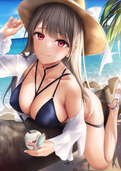 Anime picture 984x1392 with mhru single long hair tall image looking at viewer blush fringe breasts light erotic smile red eyes brown hair large breasts holding sky cleavage outdoors lying blunt bangs fingernails