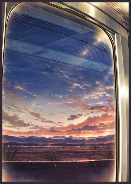 Anime-Bild 1246x1745 mit original cola (pixiv) tall image sky cloud (clouds) sunlight evening reflection sunset mountain no people framed scenic field train interior plant (plants) animal tree (trees) window bird (birds)