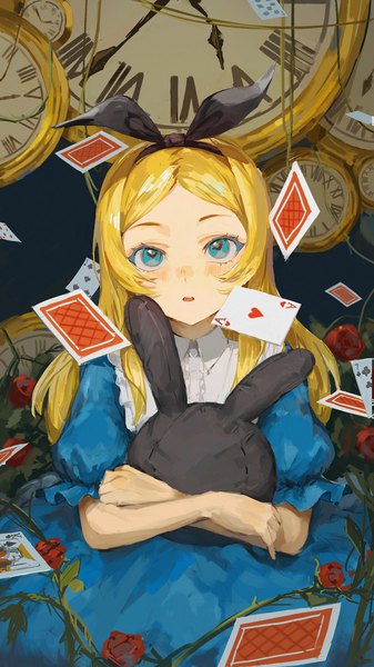 Anime picture 1152x2048 with alice in wonderland disney alice (alice in wonderland) skyn blue single long hair tall image blue eyes blonde hair puffy sleeves looking up girl dress flower (flowers) ribbon (ribbons) hair ribbon rose (roses) clock red rose blue dress